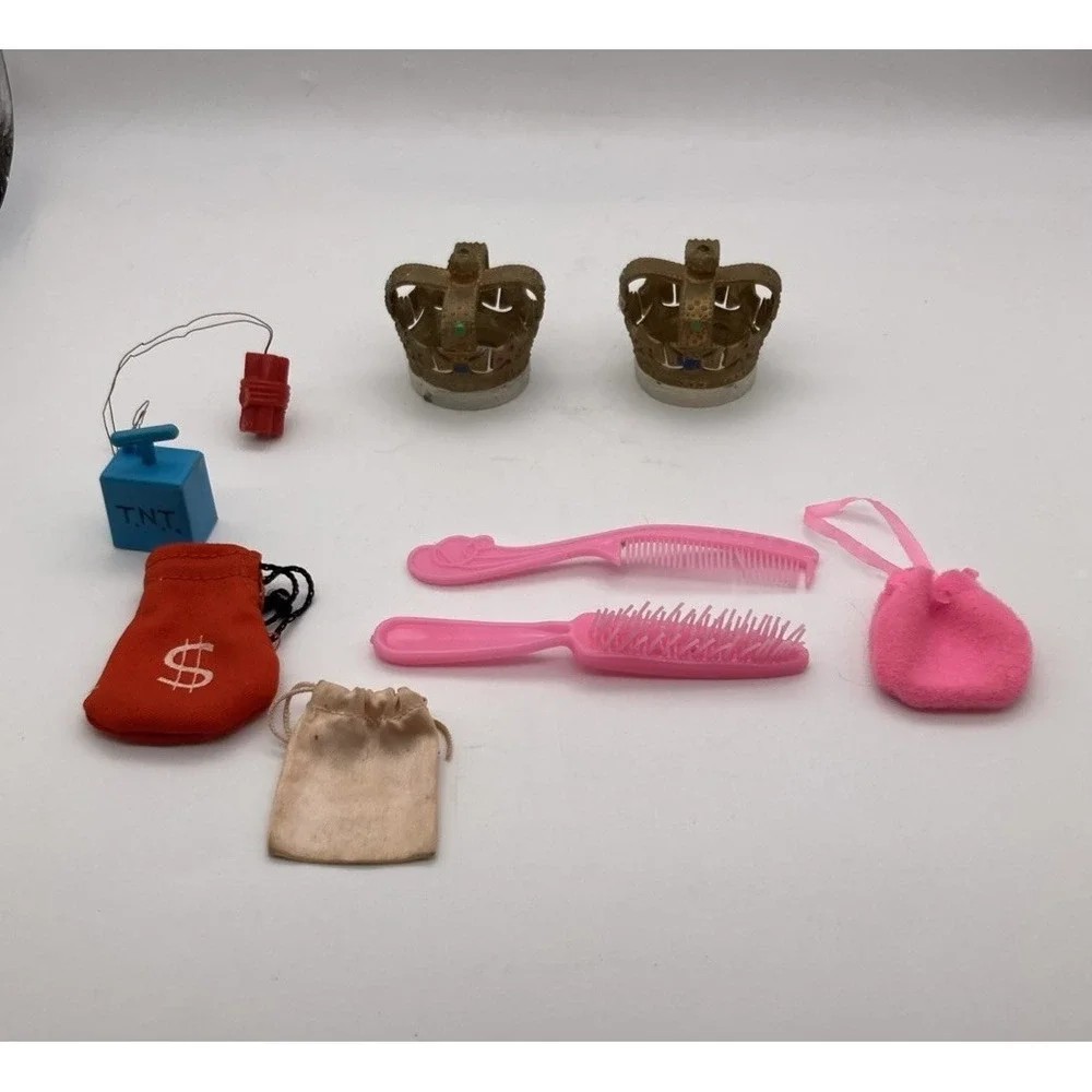 Set Of 8 Vintage Doll/Barbie Accessories Crowns, Bags, TNT, Brush,Comb
